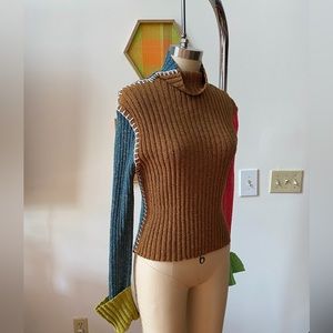 Yanyan Women's Blue Tweedle Colorblock Rib Funnel Neck Sweater, size XS NWT